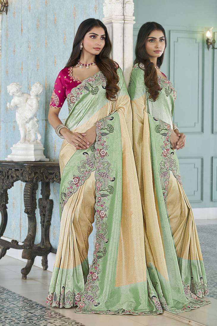 sea green embroidered jacquard silk blend wedding saree with blouse fabric