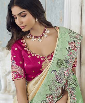 sea green embroidered jacquard silk blend wedding saree with blouse fabric 2