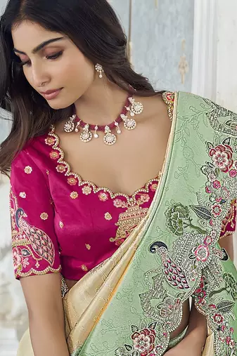 sea green embroidered jacquard silk blend wedding saree with blouse fabric