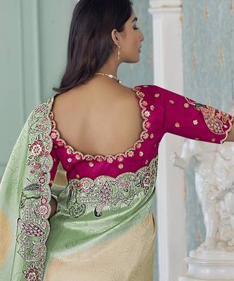 sea green embroidered jacquard silk blend wedding saree with blouse fabric 3