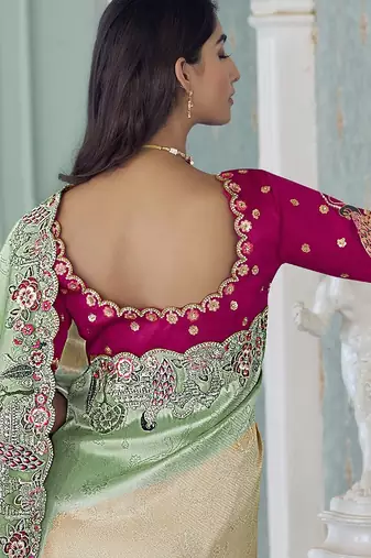 sea green embroidered jacquard silk blend wedding saree with blouse fabric