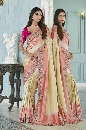 gajri pink embroidered jacquard silk blend wedding saree with blouse fabric