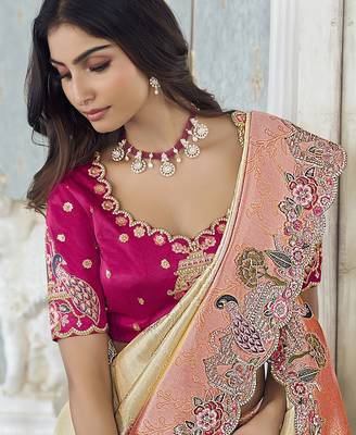 gajri pink embroidered jacquard silk blend wedding saree with blouse fabric 2