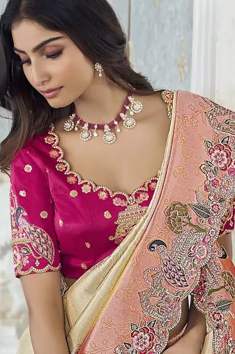 gajri pink embroidered jacquard silk blend wedding saree with blouse fabric
