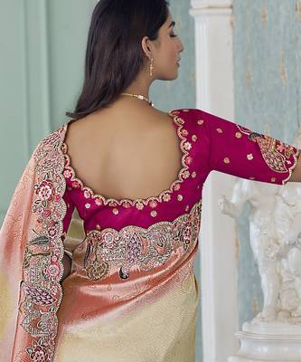 gajri pink embroidered jacquard silk blend wedding saree with blouse fabric 3