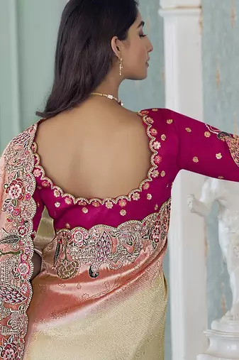 gajri pink embroidered jacquard silk blend wedding saree with blouse fabric