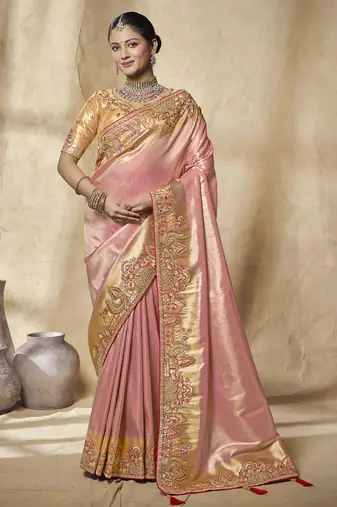 pink embroidered jacquard silk blend wedding saree with blouse fabric