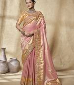 pink embroidered jacquard silk blend wedding saree with blouse fabric