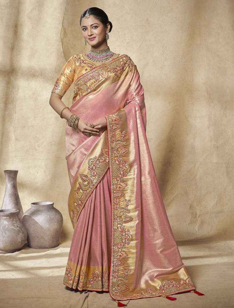 pink embroidered jacquard silk blend wedding saree with blouse fabric