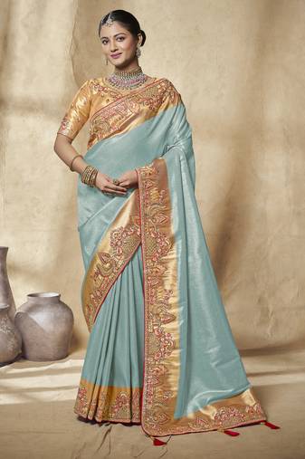 sky embroidered jacquard silk blend wedding saree with blouse fabric