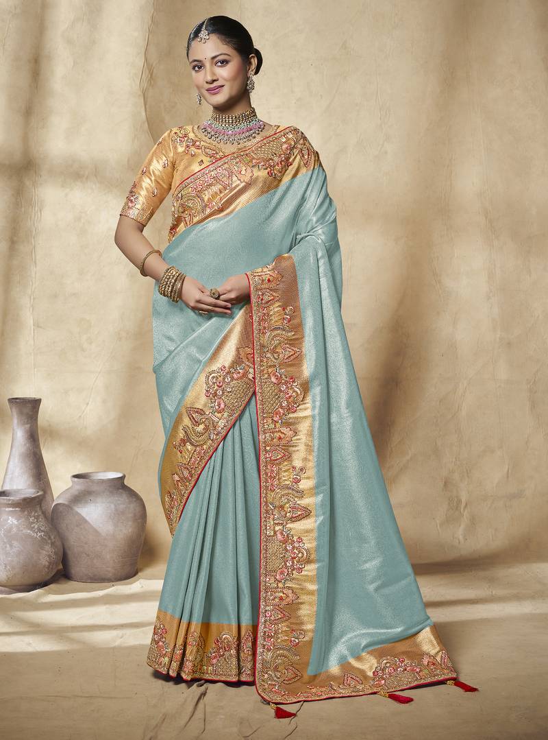 sky embroidered jacquard silk blend wedding saree with blouse fabric