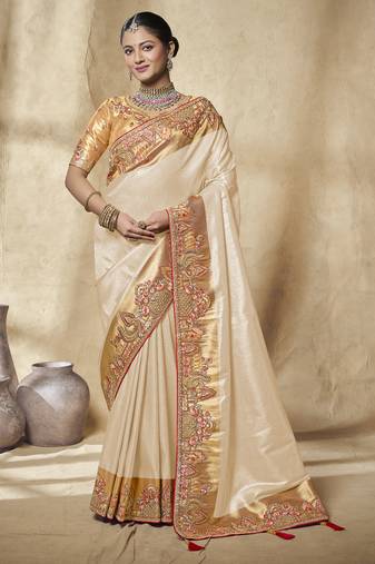 cream embroidered jacquard silk blend wedding saree with blouse fabric