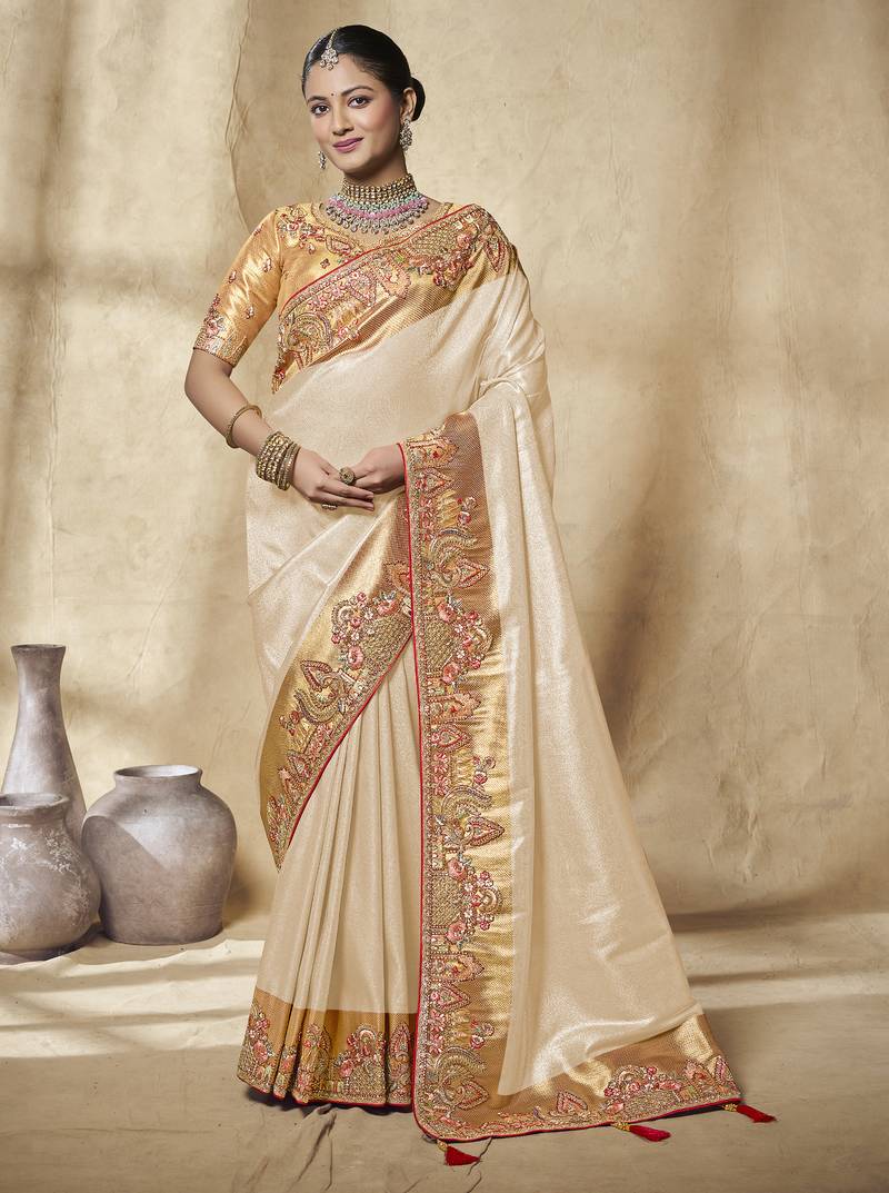 cream embroidered jacquard silk blend wedding saree with blouse fabric