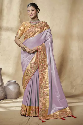 lavender embroidered jacquard silk blend wedding saree with blouse fabric
