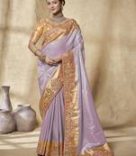 lavender embroidered jacquard silk blend wedding saree with blouse fabric