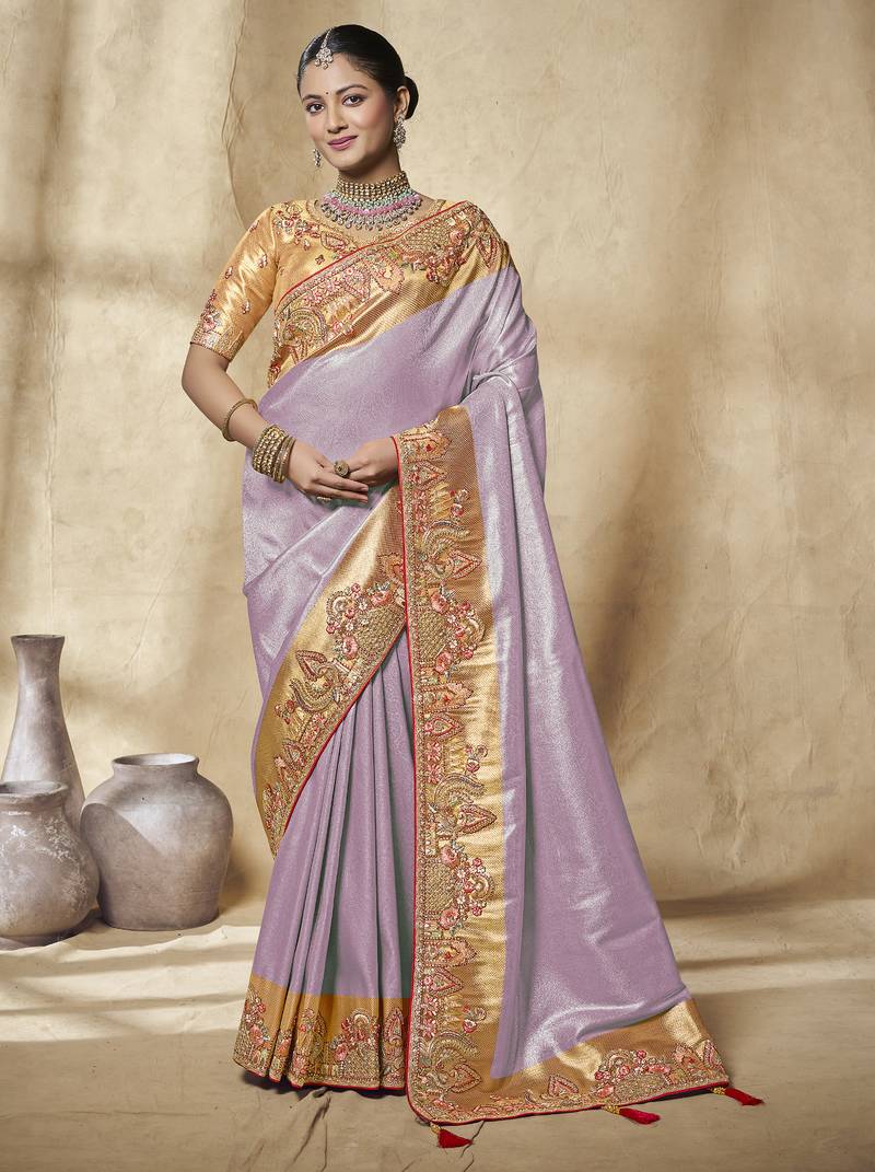 lavender embroidered jacquard silk blend wedding saree with blouse fabric