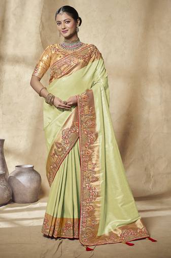 light green embroidered jacquard silk blend wedding saree with blouse fabric