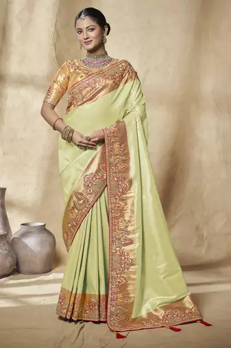 light green embroidered jacquard silk blend wedding saree with blouse fabric
