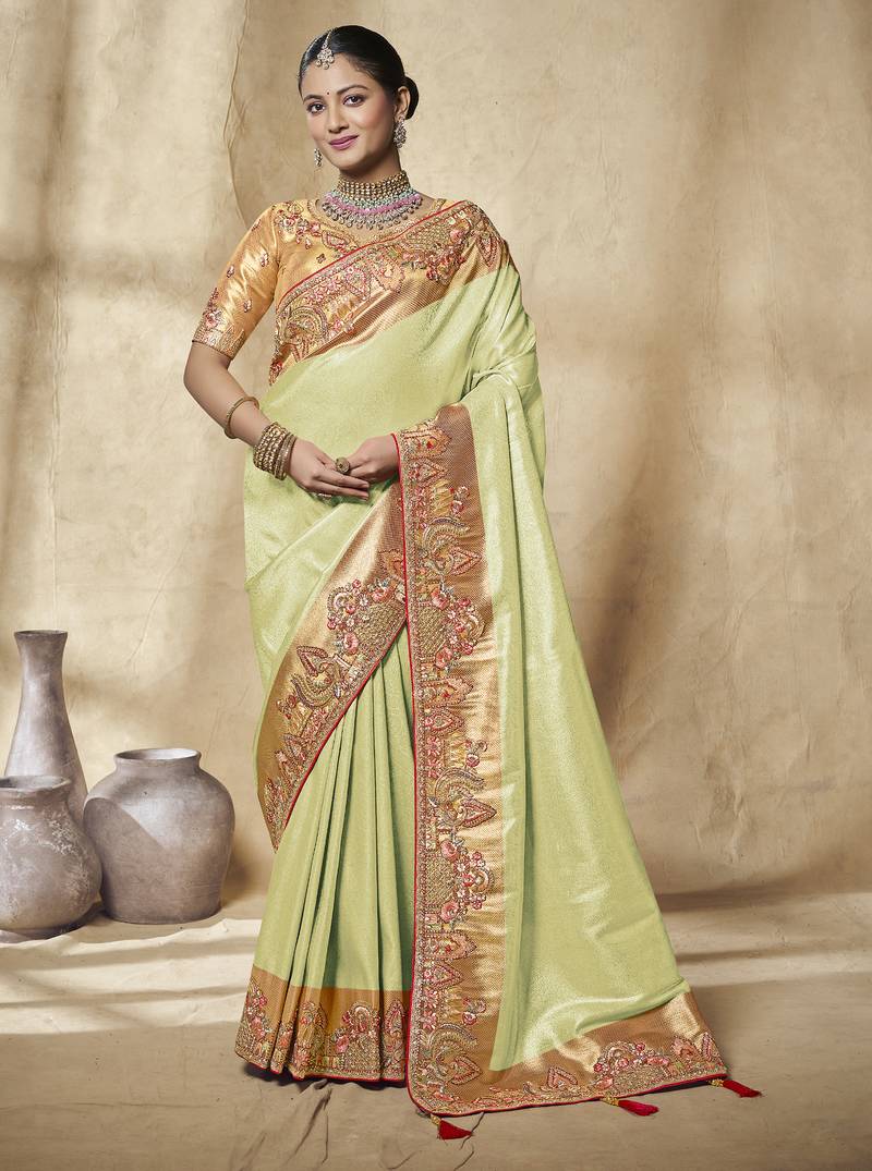 light green embroidered jacquard silk blend wedding saree with blouse fabric