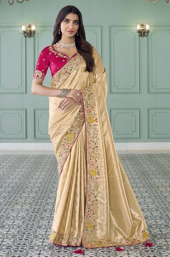 gold embroidered jacquard silk blend wedding saree with blouse fabric