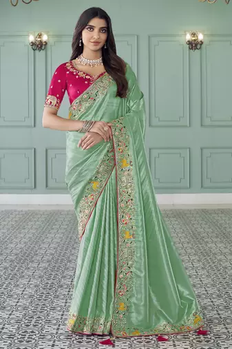 sea green embroidered jacquard silk blend wedding saree with blouse fabric