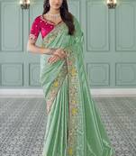 sea green embroidered jacquard silk blend wedding saree with blouse fabric