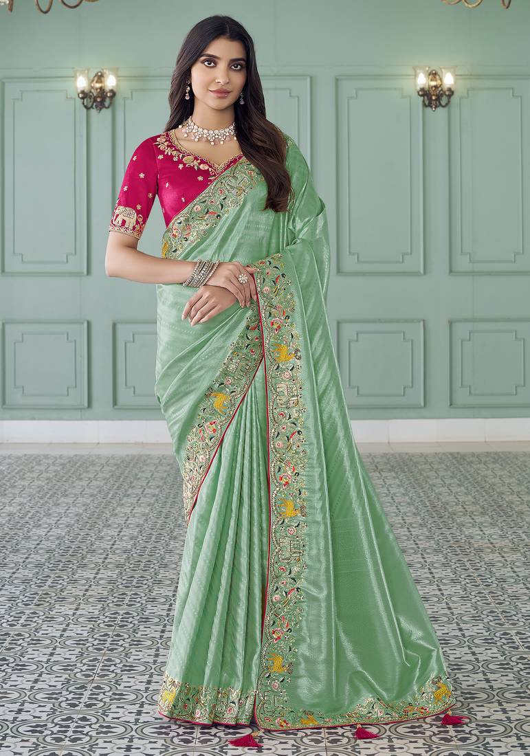 sea green embroidered jacquard silk blend wedding saree with blouse fabric