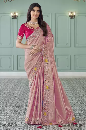 gajri pinik embroidered jacquard silk blend wedding saree with blouse fabric