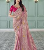 gajri pinik embroidered jacquard silk blend wedding saree with blouse fabric