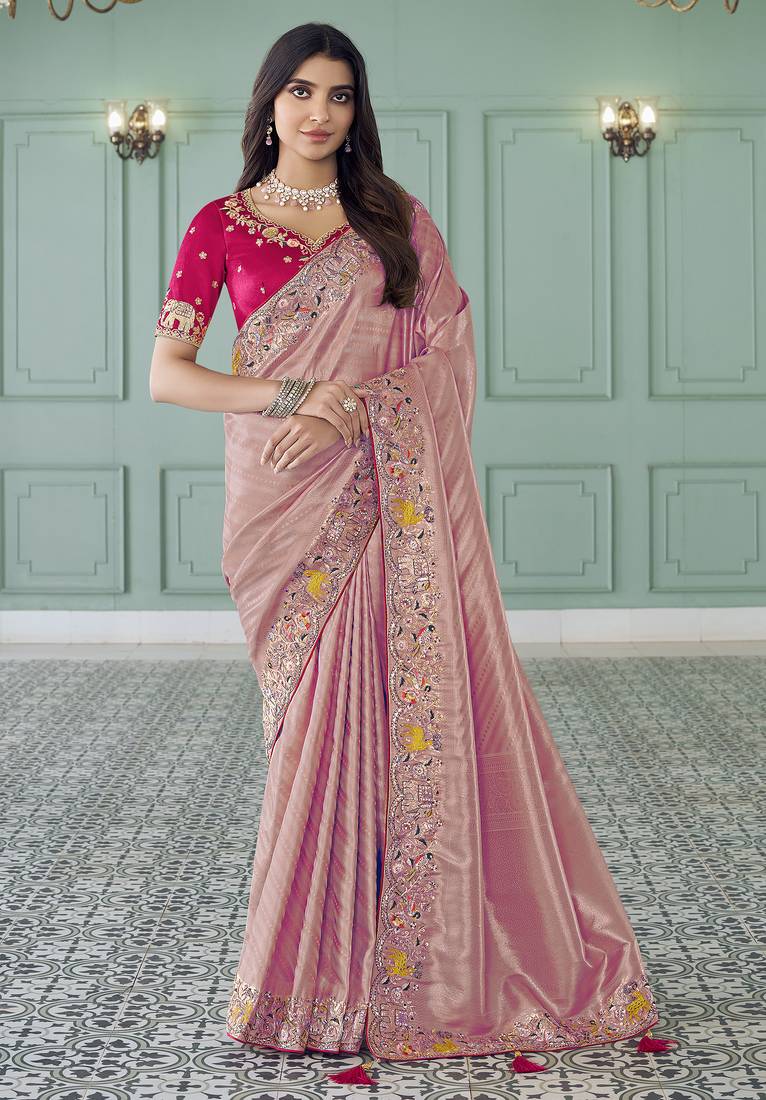gajri pinik embroidered jacquard silk blend wedding saree with blouse fabric