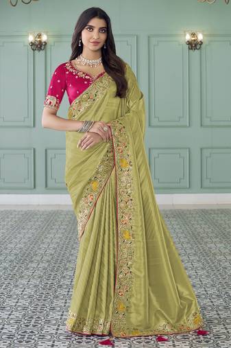 light green embroidered jacquard silk blend wedding saree with blouse fabric