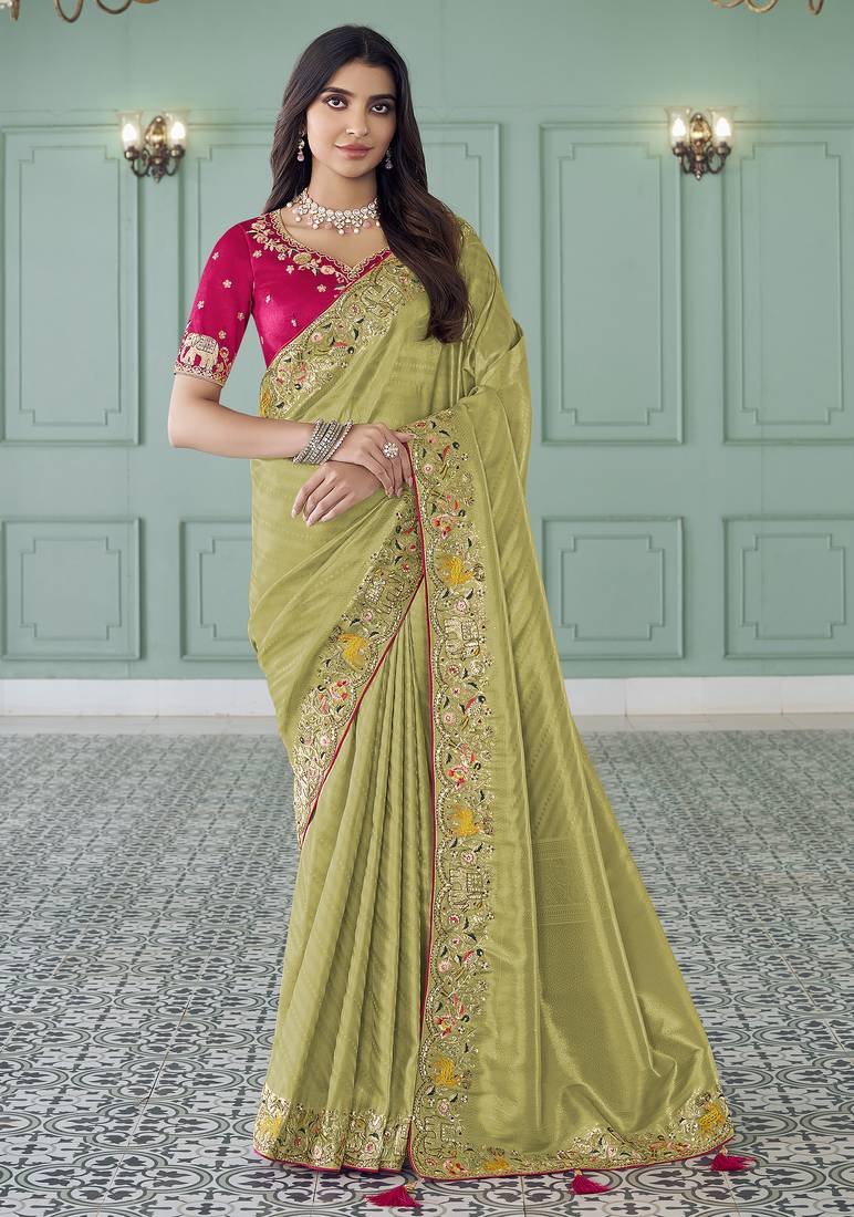 light green embroidered jacquard silk blend wedding saree with blouse fabric