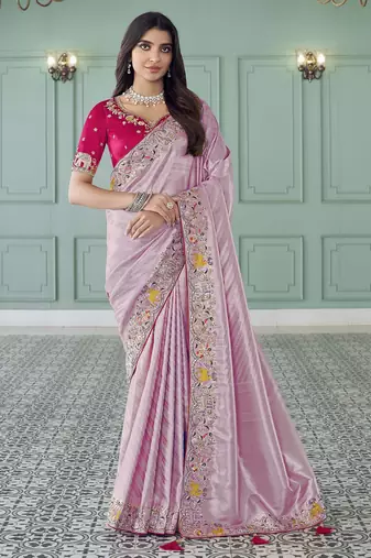 lavender embroidered jacquard silk blend wedding saree with blouse fabric