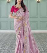 lavender embroidered jacquard silk blend wedding saree with blouse fabric