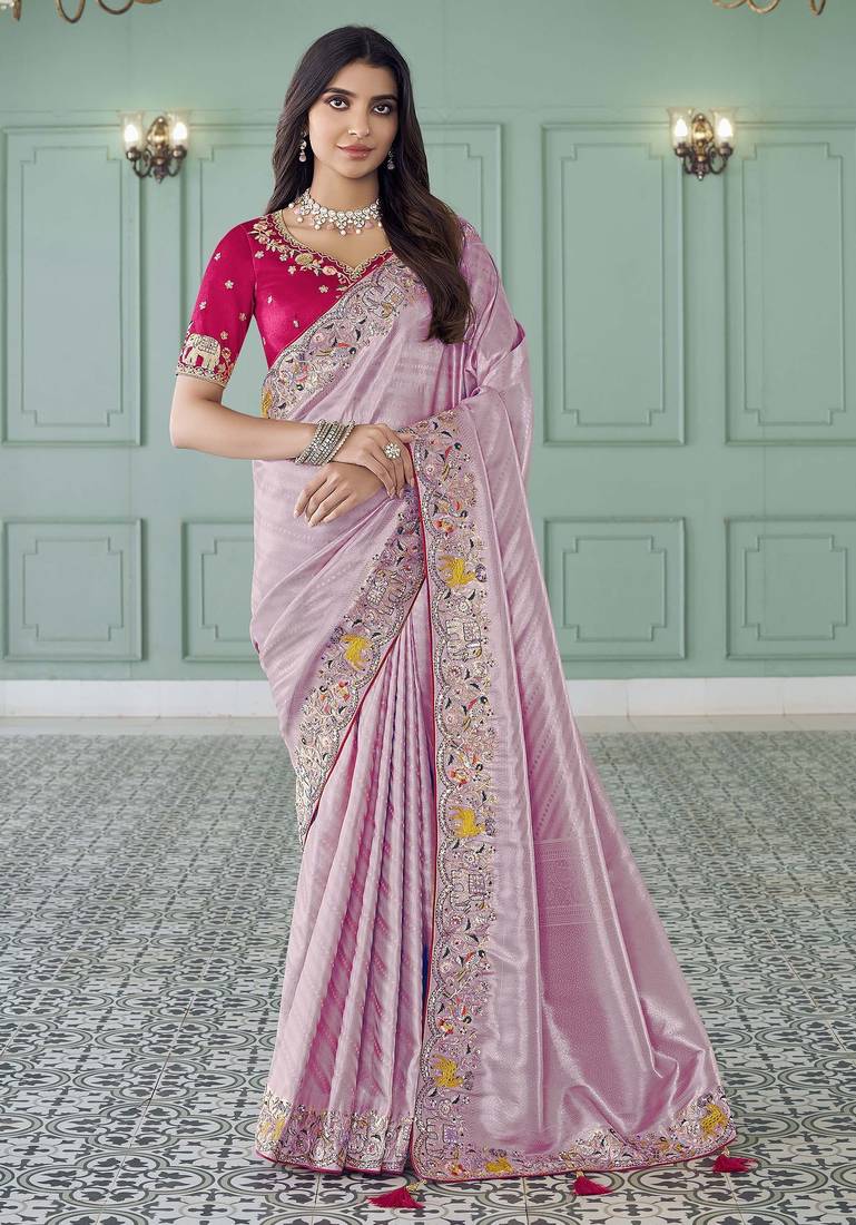 lavender embroidered jacquard silk blend wedding saree with blouse fabric