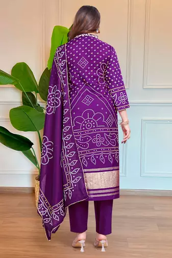  viscose silk embroidered printed purple kurta pant set with chanderi dupatta