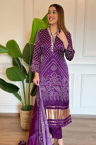  viscose silk embroidered printed purple kurta pant set with chanderi dupatta