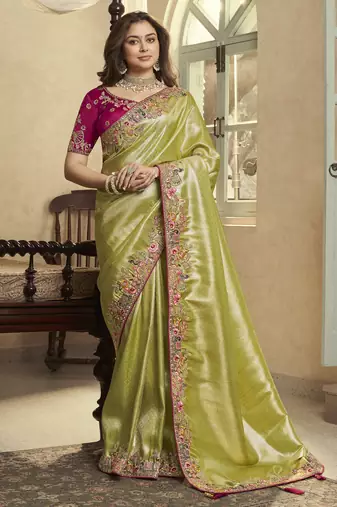 light_green embroidered jacquard silk blend wedding saree with blouse fabric