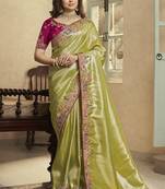 light_green embroidered jacquard silk blend wedding saree with blouse fabric