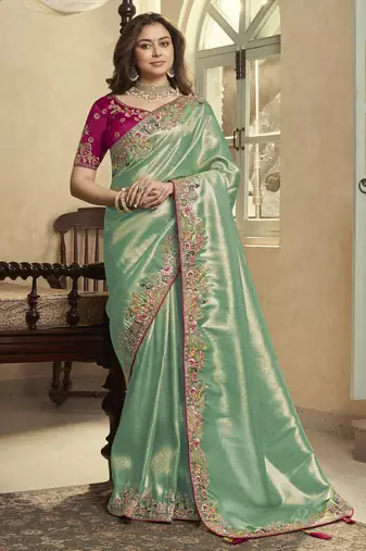 sea green embroidered jacquard silk blend wedding saree with blouse fabric