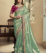 sea green embroidered jacquard silk blend wedding saree with blouse fabric