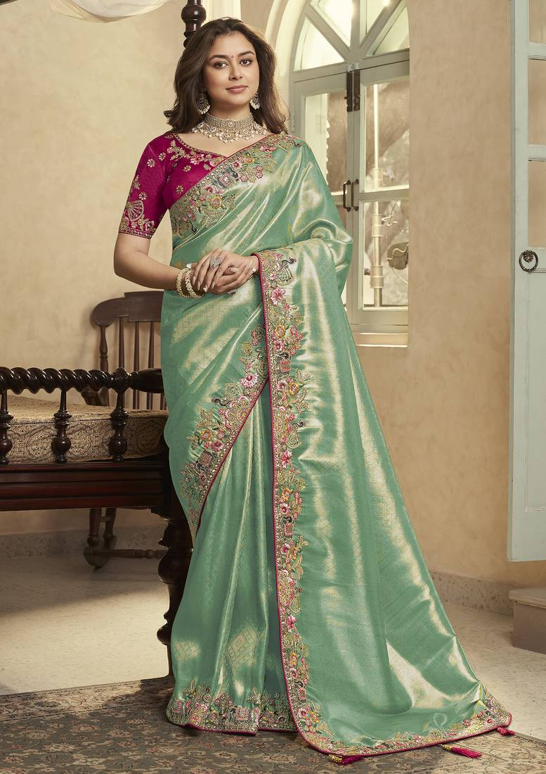 sea green embroidered jacquard silk blend wedding saree with blouse fabric