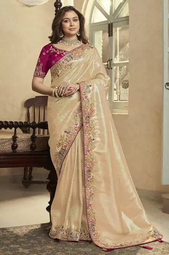 gold embroidered jacquard silk blend wedding saree with blouse fabric