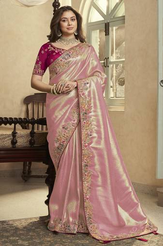 gajri pink embroidered jacquard silk blend wedding saree with blouse fabric