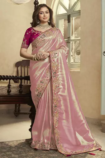 gajri pink embroidered jacquard silk blend wedding saree with blouse fabric