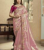 gajri pink embroidered jacquard silk blend wedding saree with blouse fabric