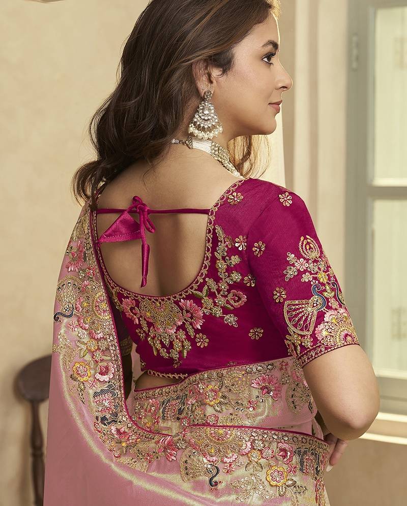 gajri pink embroidered jacquard silk blend wedding saree with blouse fabric