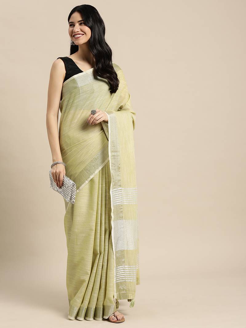 olive green color linen cotton solid saree with running blouse