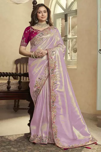 laavender embroidered jacquard silk blend wedding saree with blouse fabric