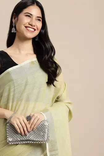 olive green color linen cotton solid saree with running blouse